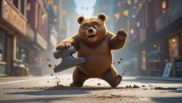 A Cartoon 3D Style Bear Getting Slammed